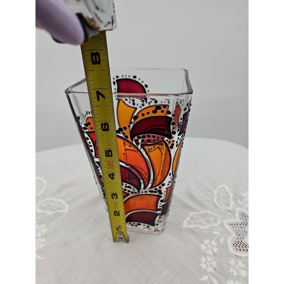 Handpainted German Stainglass Style Vase Black Orange And Maroon On Clear Glass - Picture 9 of 10